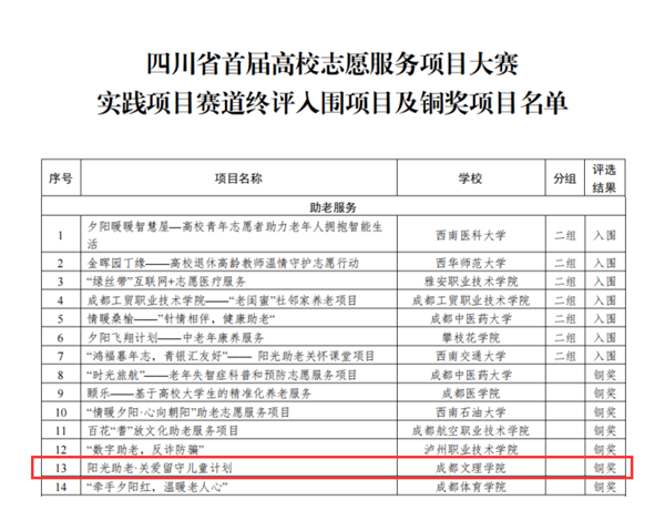 文法学院“阳光助老·关爱留守儿童计划”项目获实践赛道铜奖